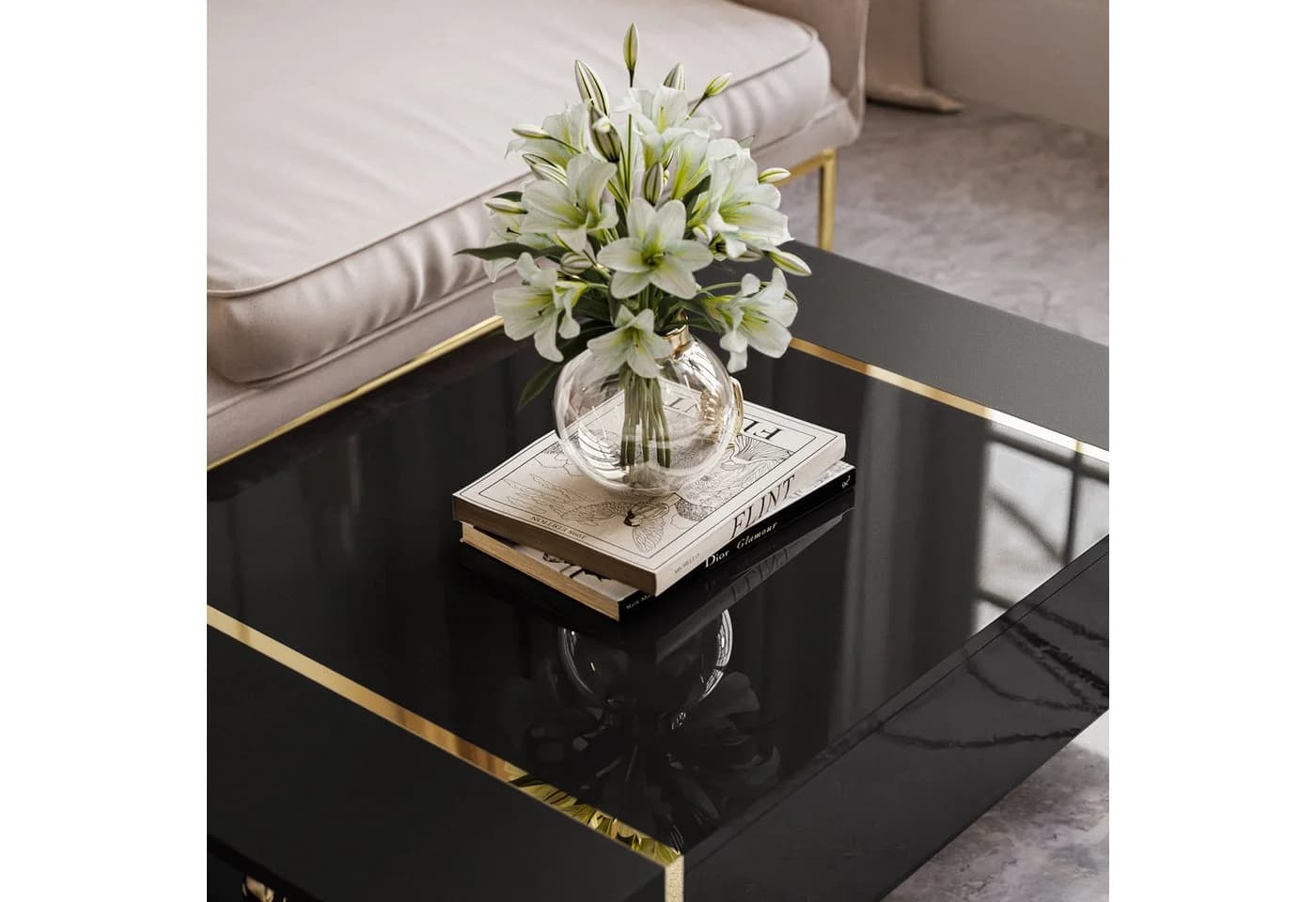 Lookway Couchtisch ONYX Schwarz Hochglanz mit goldenen Beinen - Bild 4
