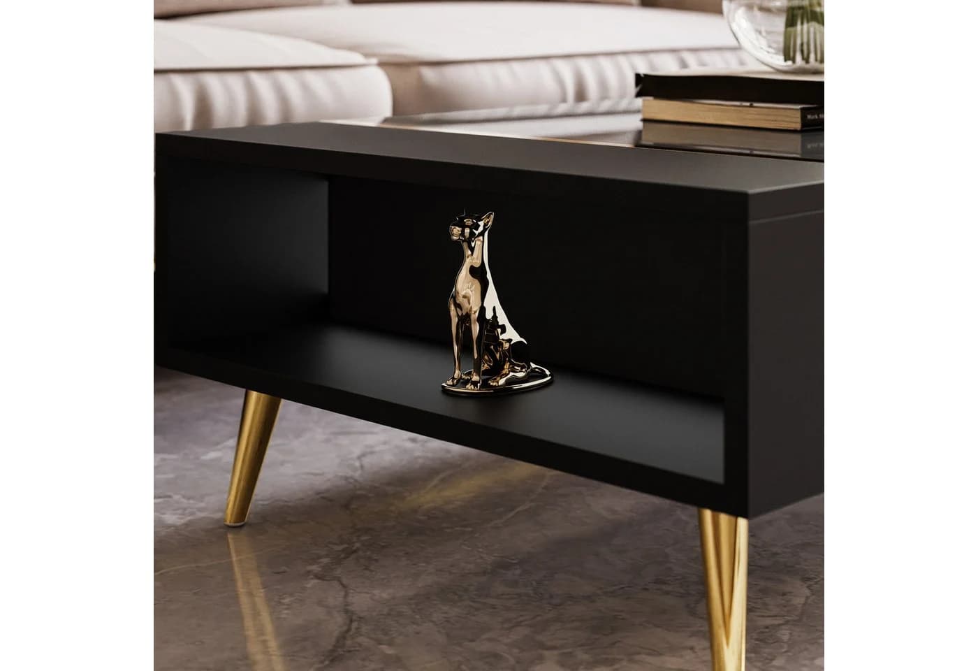 Lookway Couchtisch ONYX Schwarz Hochglanz mit goldenen Beinen - Bild 5