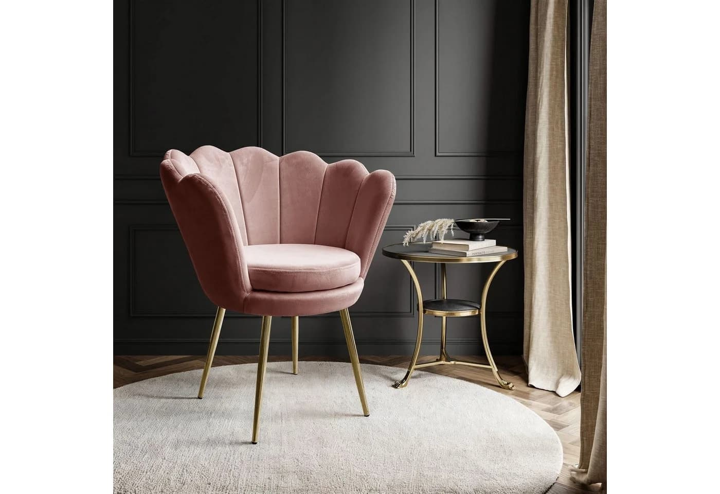 Lookway Polsterstuhl SHELLY Samt Muschelstuhl mit goldenen Metallbeinen Rosa
