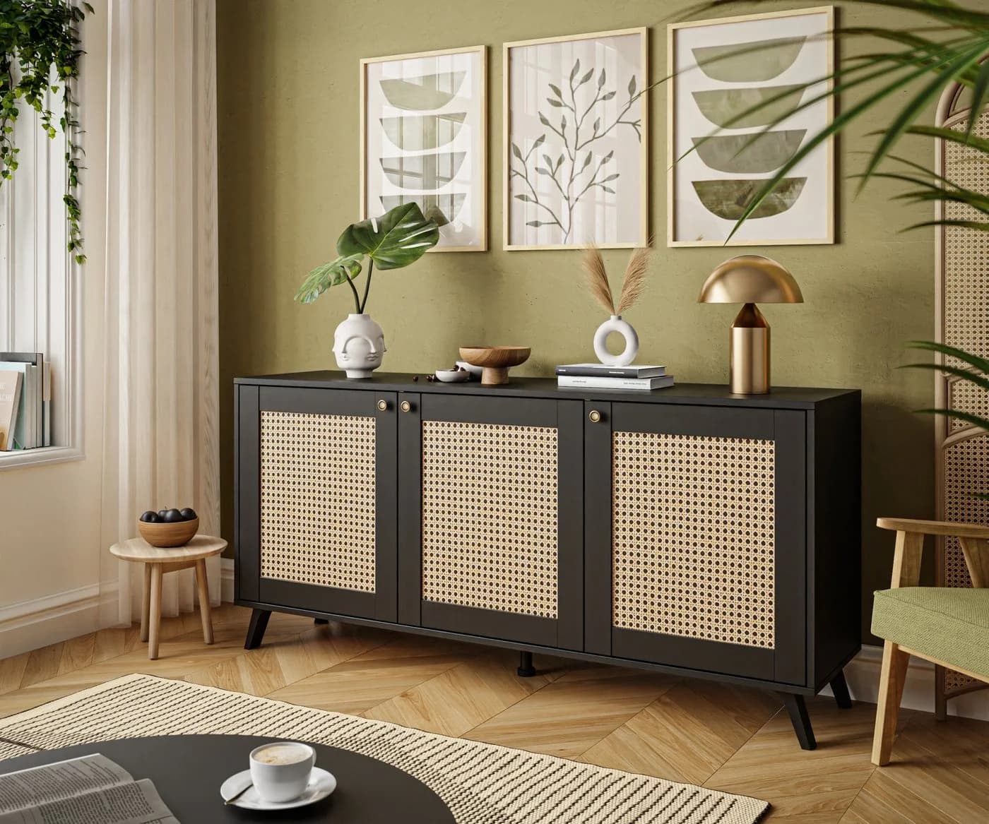 Lookway Kommode VIENNA 3D Schwarz Wiener Geflechtimitat 3 Türen