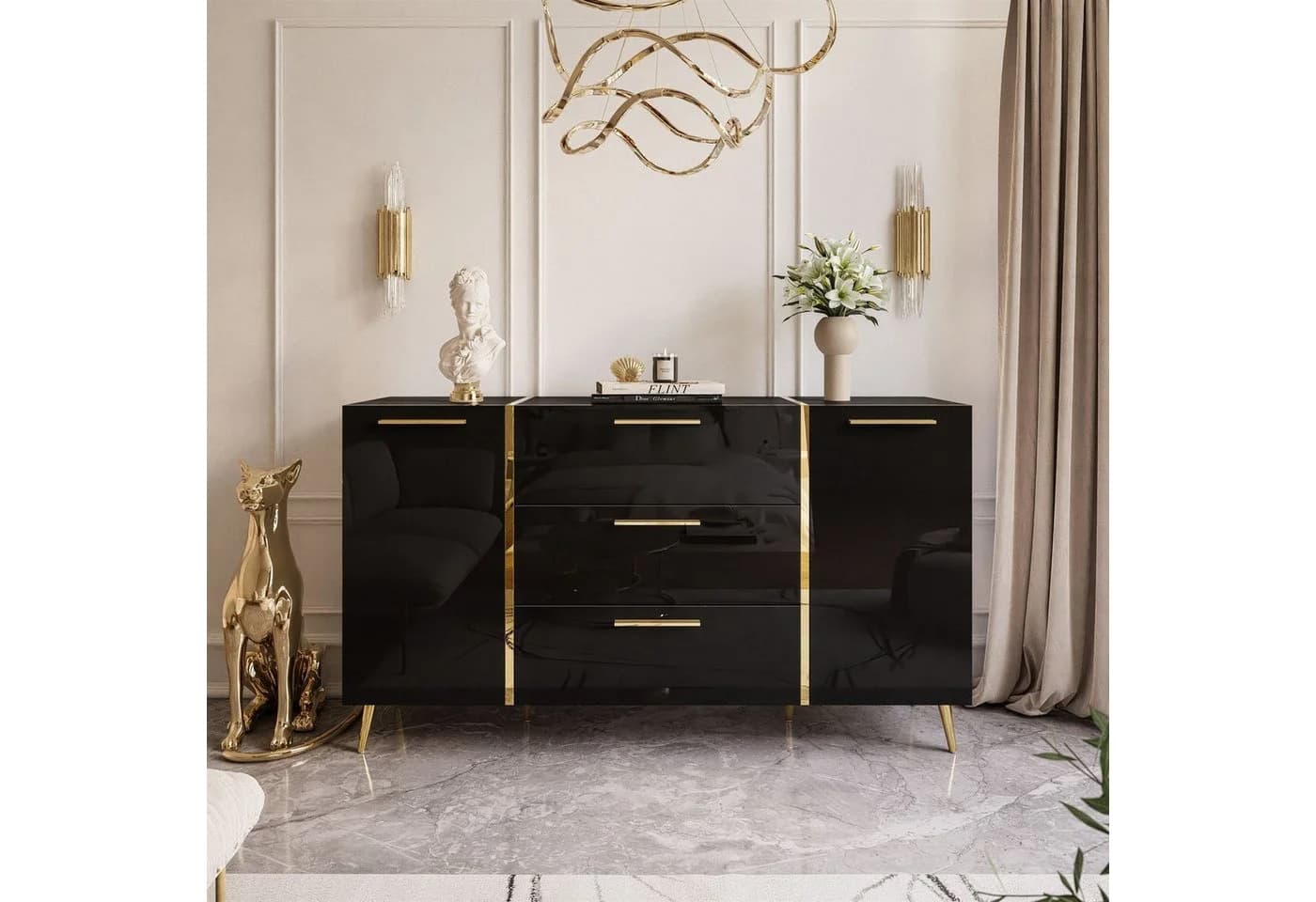 Lookway Kommode ONYX Schwarz Hochglanz Goldgriffe Push-Open