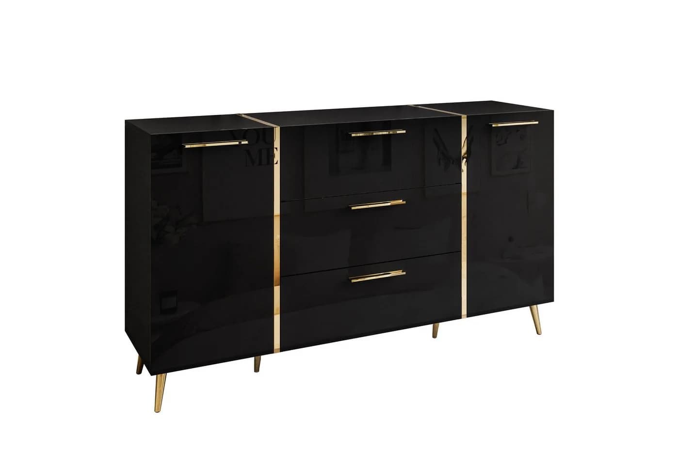 Lookway Kommode ONYX Schwarz Hochglanz Goldgriffe Push-Open - Bild 2