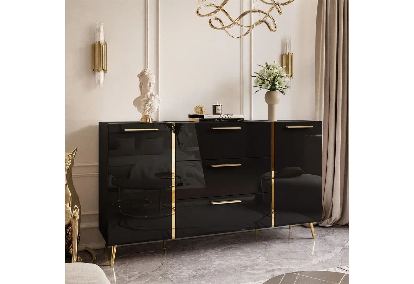 Lookway Kommode ONYX Schwarz Hochglanz Goldgriffe Push-Open - Bild 3