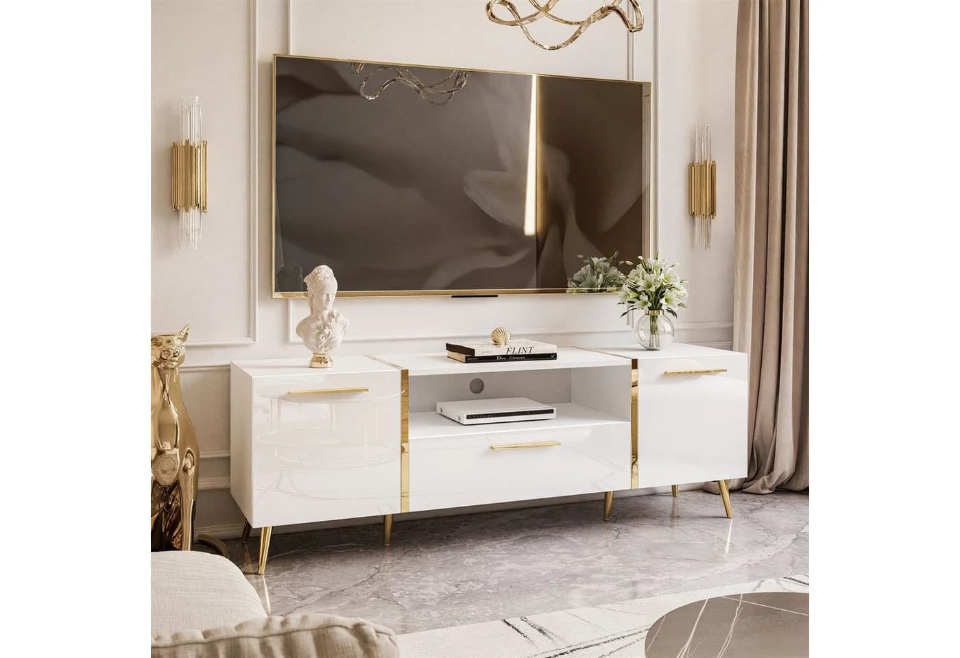 Lookway TV-Schrank ONYX Weiß Gold Hochglanz 158 cm