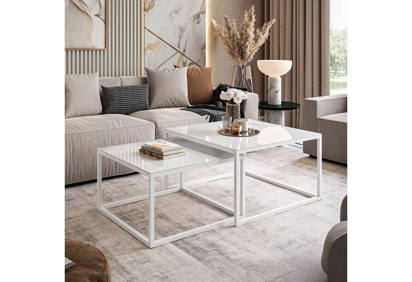 Lookway Couchtisch YOSHI GLASS 2in1 Weiß/Schwarz Metall und Glas