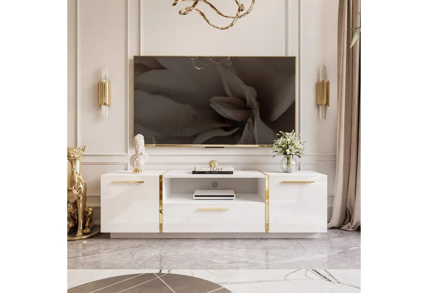 Lookway Lowboard TV ONYX Hochglanz Weiß mit goldenen Griffen - Bild 3