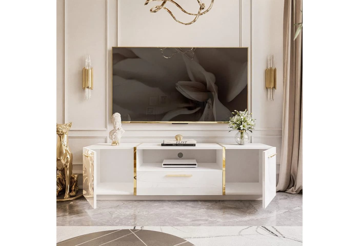 Lookway Lowboard TV ONYX Hochglanz Weiß mit goldenen Griffen - Bild 4