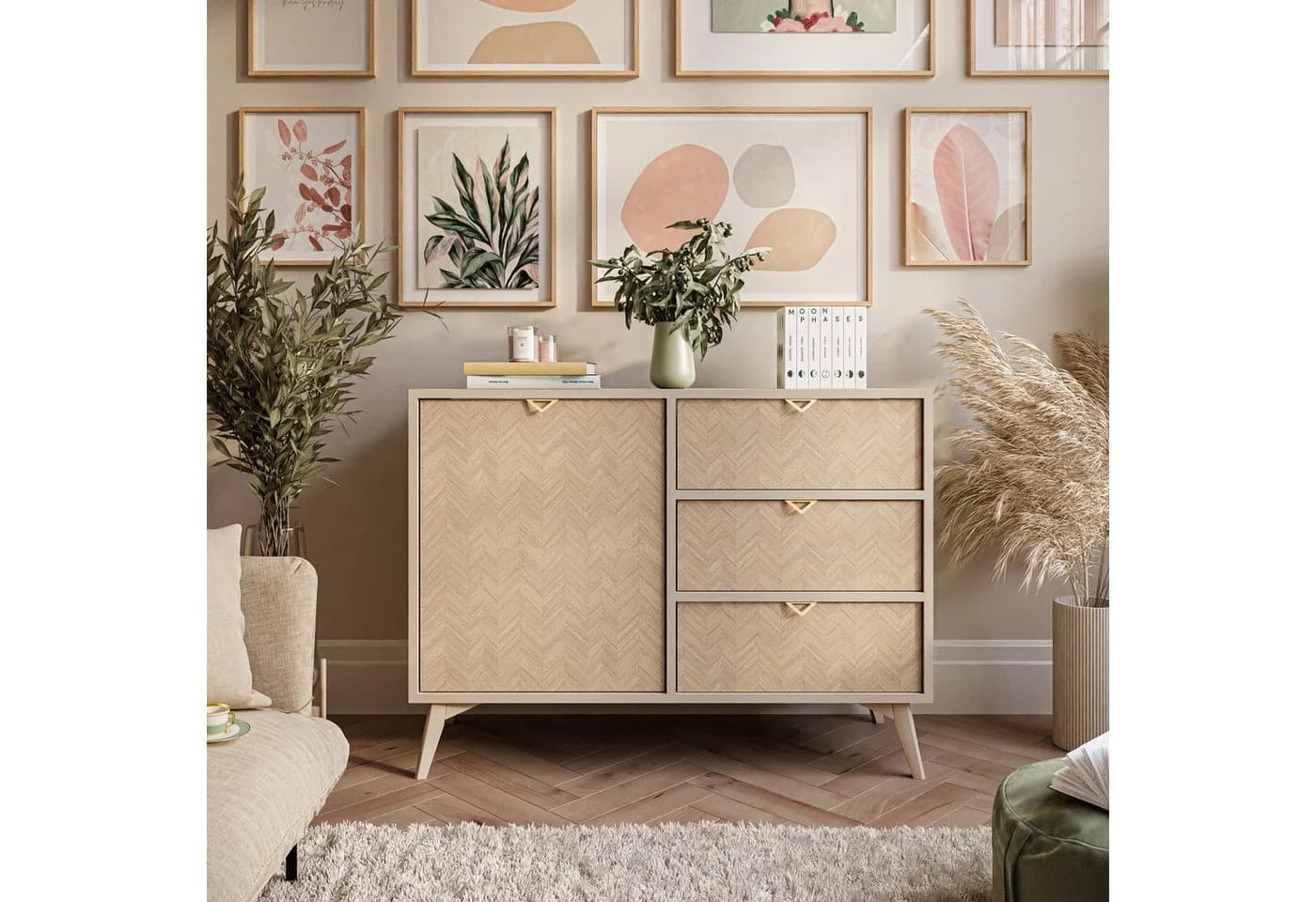 Lookway Kommode ALOE KSZD106 mit Drehtür und drei Schubladen Sandbeige