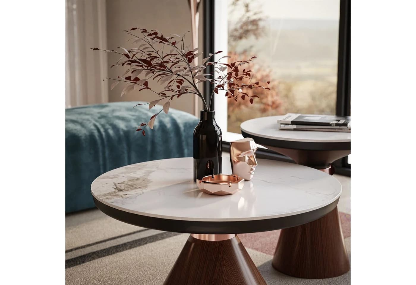 Lookway Couchtisch Giselle II 2-in-1 Set Hochglanz-Marmor Nussbaum - Bild 4