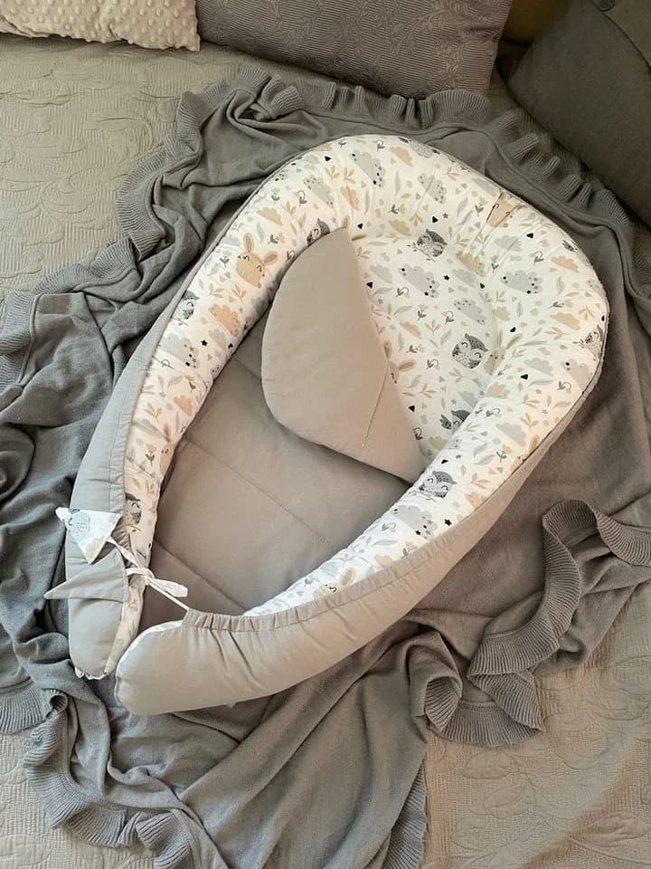 Loolay Bettnestchen BIO Baumwolle Beige/Grau Hasenmuster Babykokon
