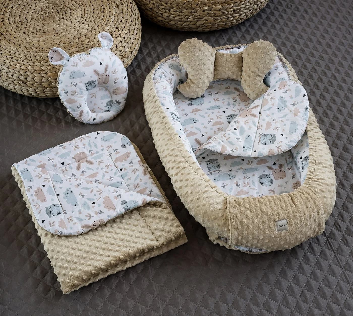 Loolay Baby-Reisebett HASE Beige Weiß 5-tlg. Babynest Minky Fleece Bio-Baumwolle - Bild 2