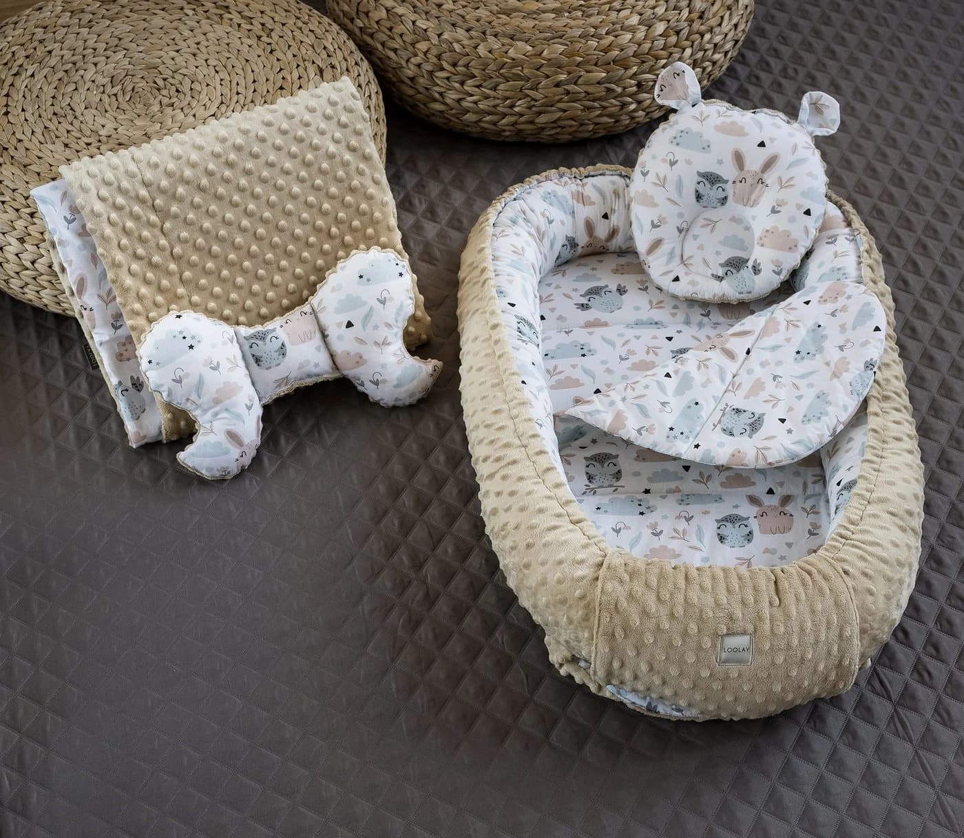 Loolay Baby-Reisebett HASE Beige Weiß 5-tlg. Babynest Minky Fleece Bio-Baumwolle - Bild 3