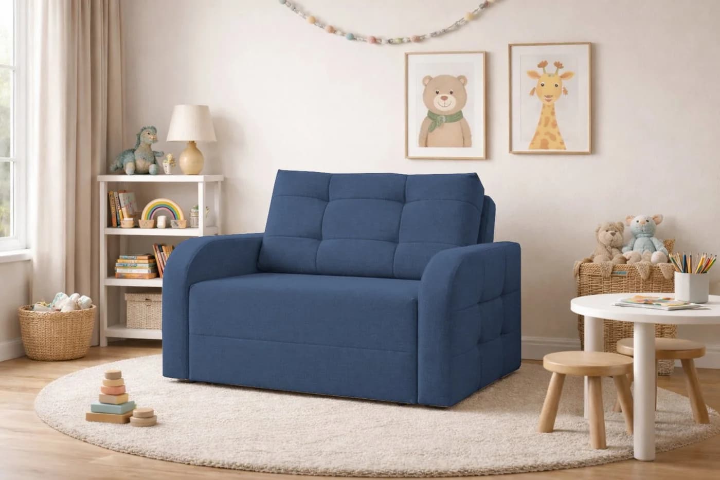MOEBLO Schlafsofa PORTO 120 Blau mit Schlaffunktion und Bettkasten