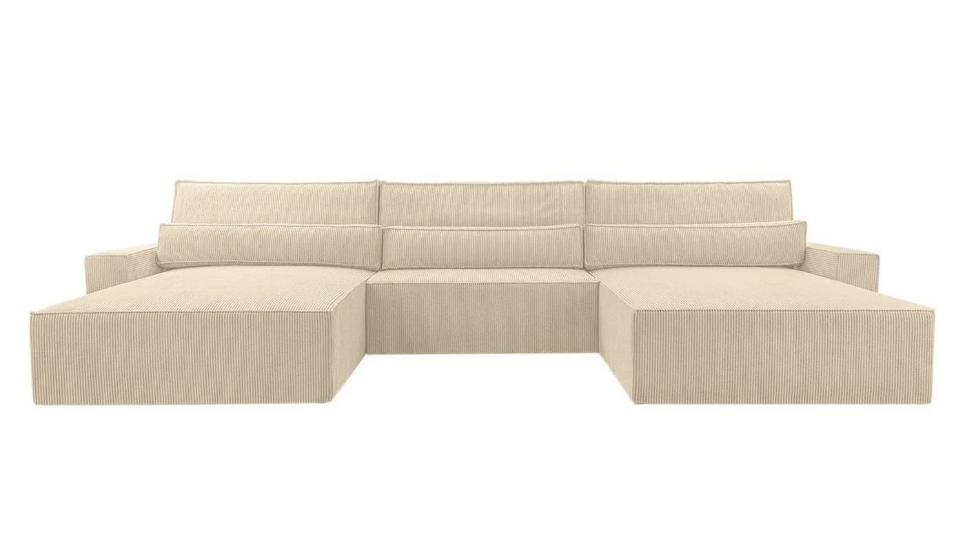 MOEBLO Wohnlandschaft DENVER U Eckcouch Cordstoff Beige mit Schlaffunktion