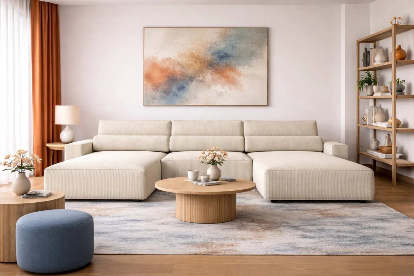 MOEBLO Wohnlandschaft DENVER U Eckcouch Cordstoff Beige mit Schlaffunktion - Bild 2