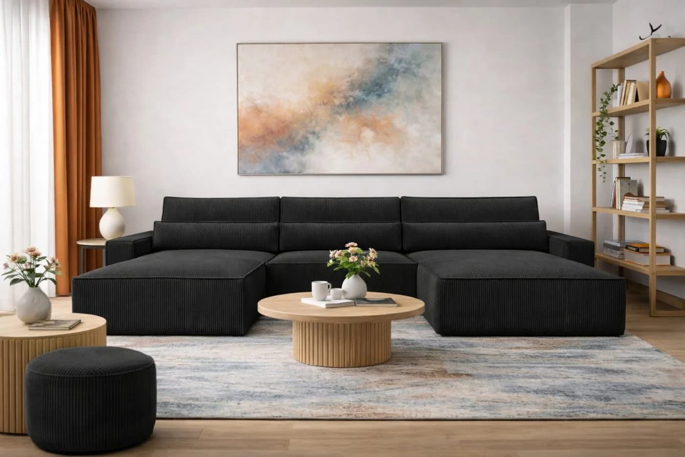MOEBLO Wohnlandschaft DENVER U Eckcouch Cordstoff Schwarz mit Schlaffunktion - Bild 2