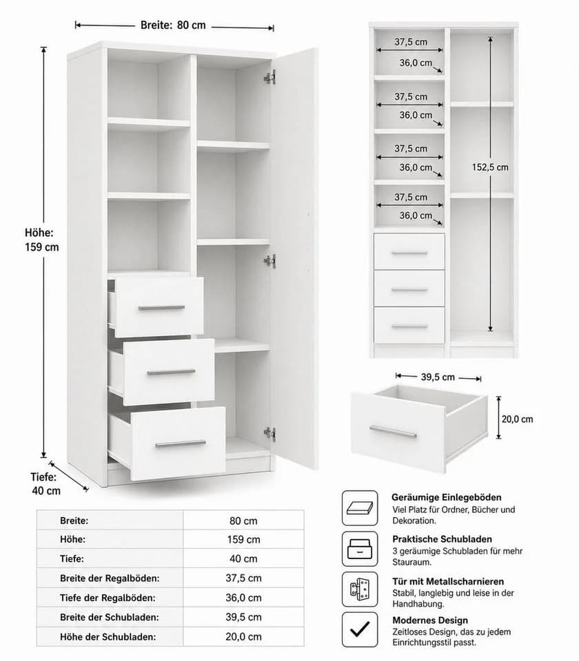 MOEBLO Kleiderschrank Marsala 3SD 05 mit Schubladen Regal Vitrine - Bild 5