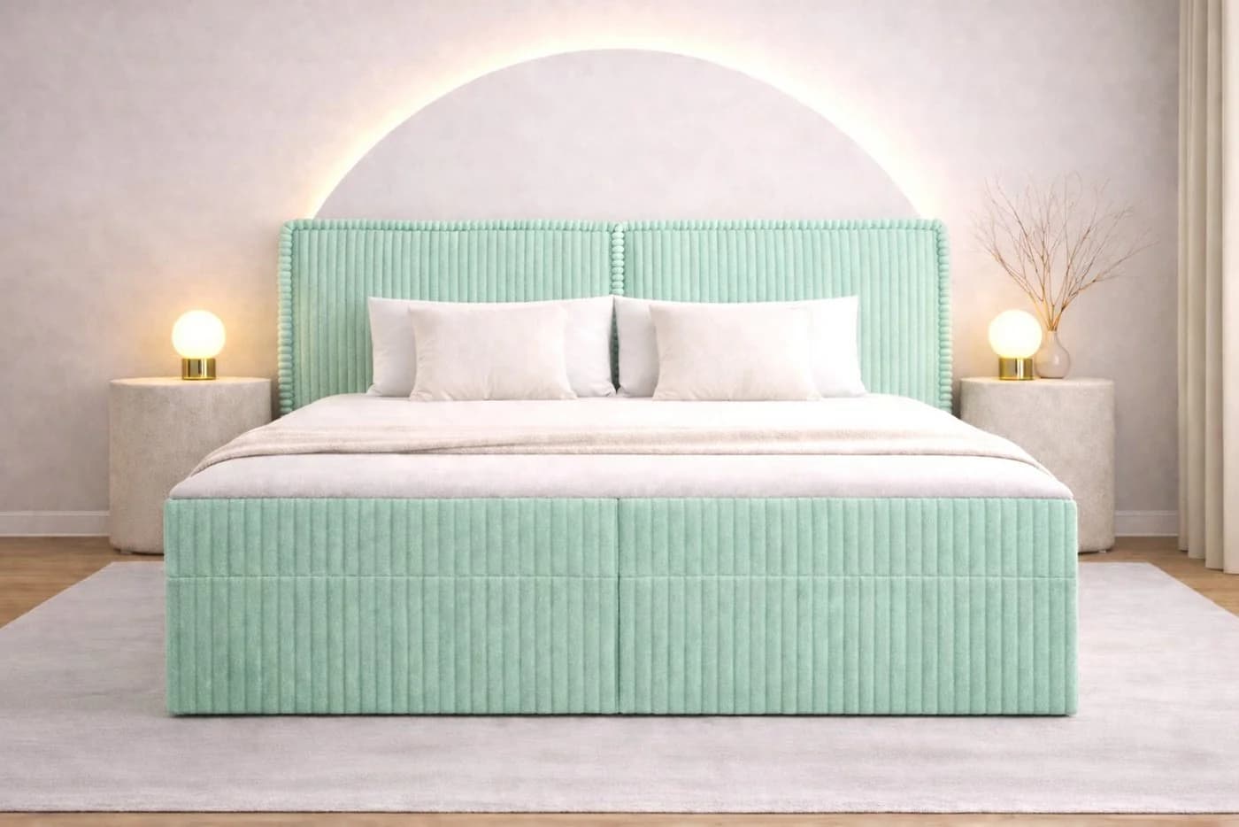 MOEBLO Boxbett Bett 04 Mint Cord Polsterbett mit Bettkasten und Topper