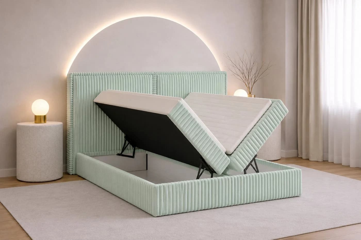 MOEBLO Boxbett Bett 04 Mint Cord Polsterbett mit Bettkasten und Topper - Bild 5