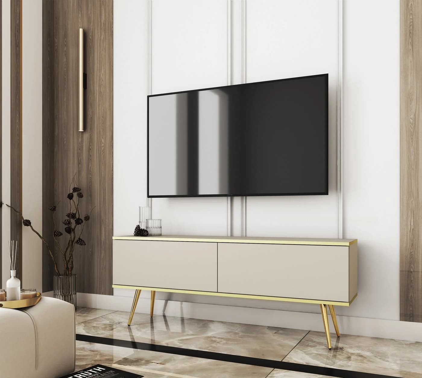MOEBLO TV-Board DAYN NEW Lowboard Beige Gold Metallbeine