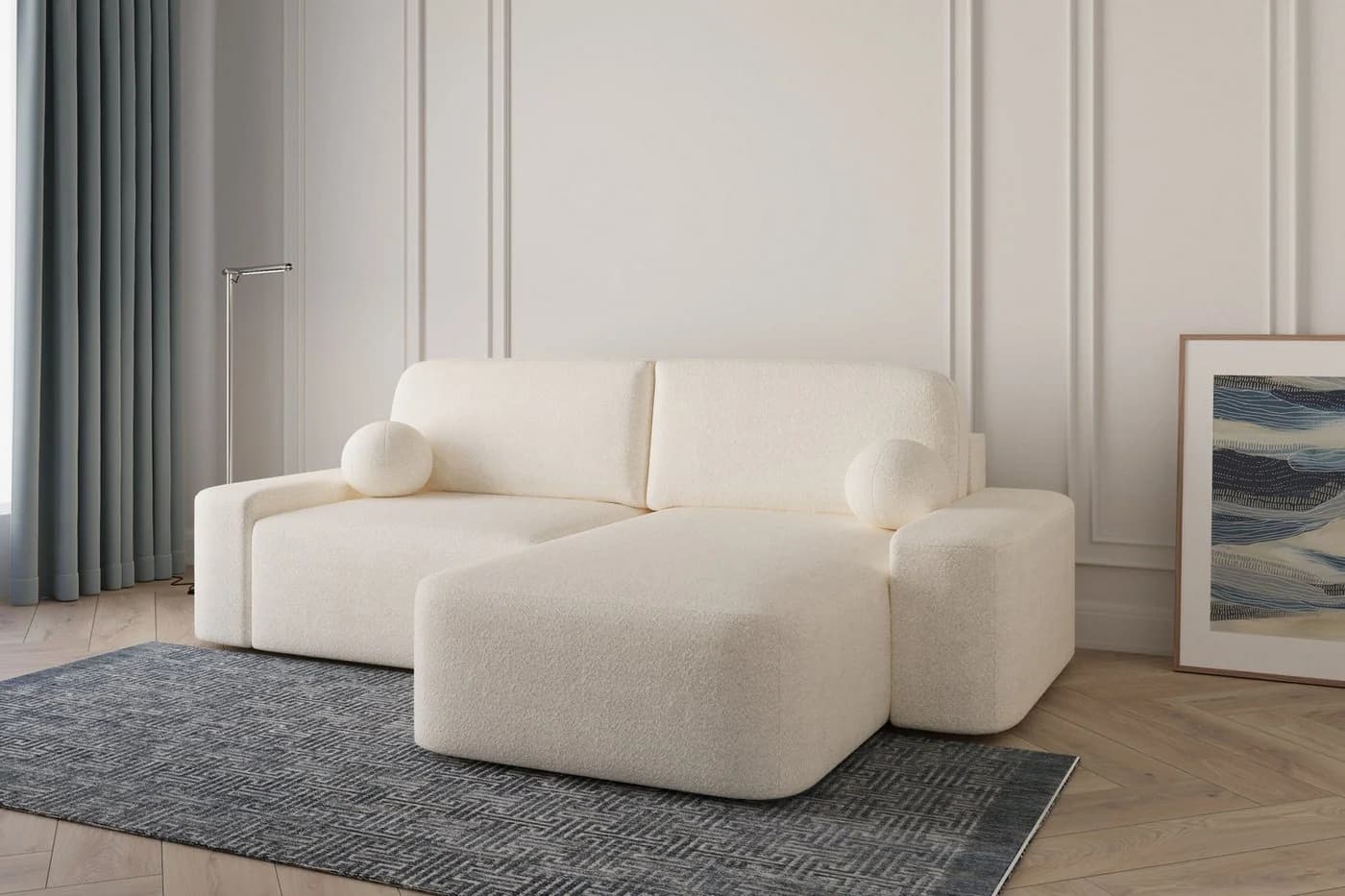 MOEBLO Ecksofa Lisbon Bouclé Beige L-Form mit Schlafsofa und Bettkasten - Bild 2
