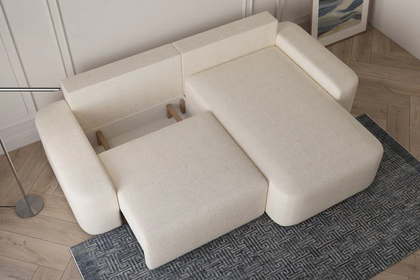 MOEBLO Ecksofa Lisbon Bouclé Beige L-Form mit Schlafsofa und Bettkasten - Bild 5