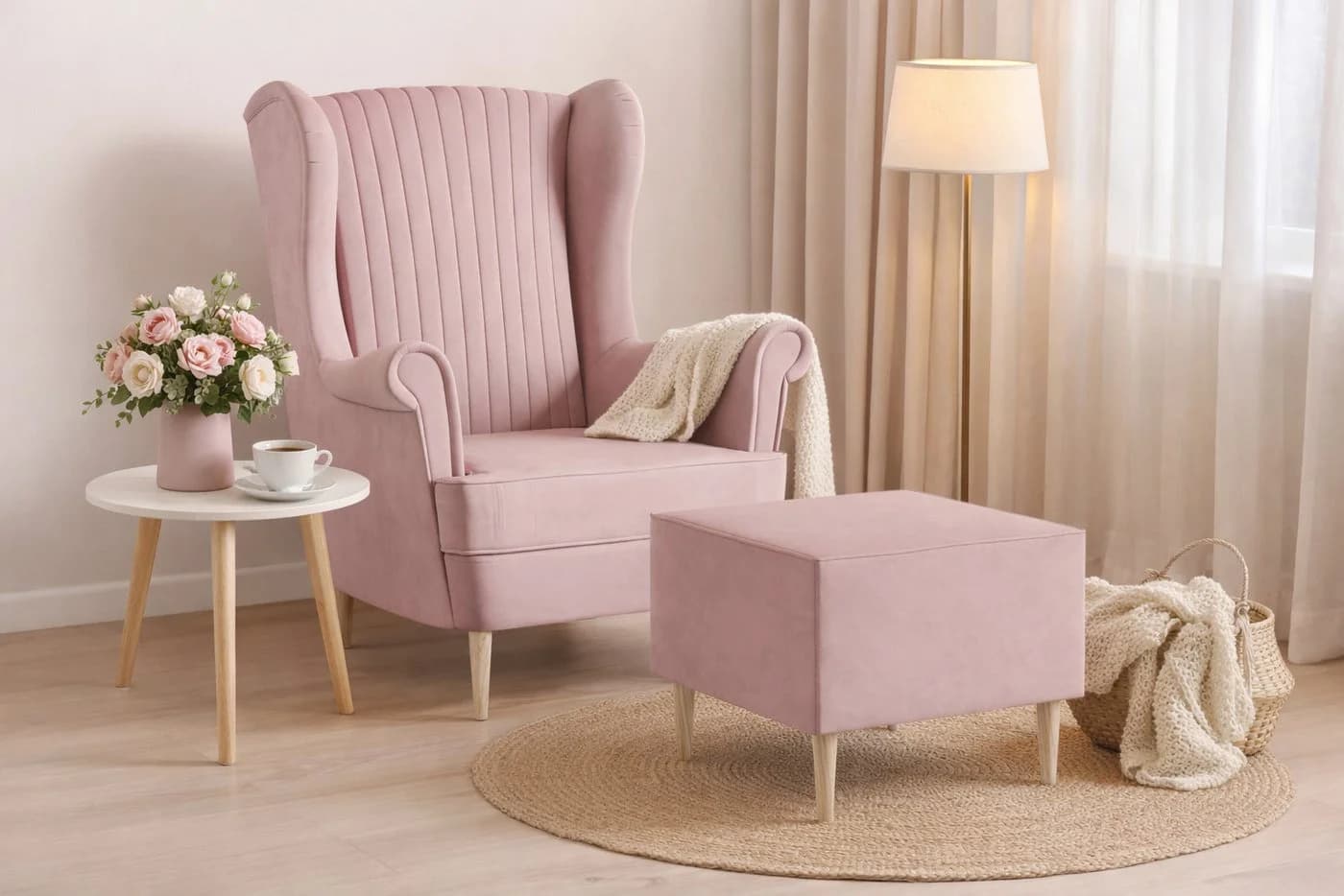 MOEBLO Ohrensessel COMFY Rosa Manila Velours mit optionalem Hocker - Bild 2