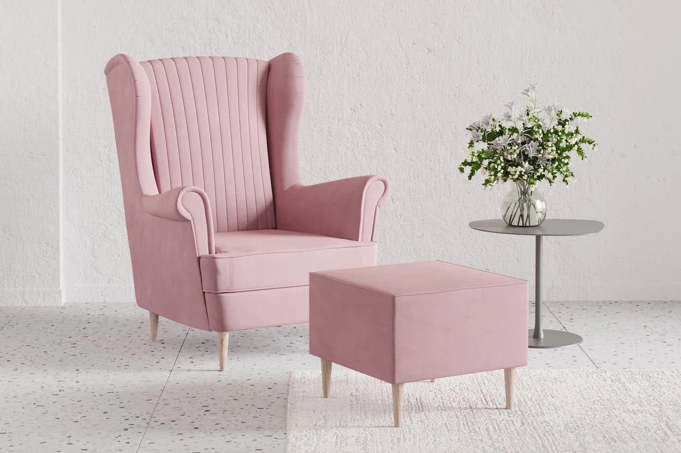 MOEBLO Ohrensessel COMFY Rosa Manila Velours mit optionalem Hocker - Bild 3