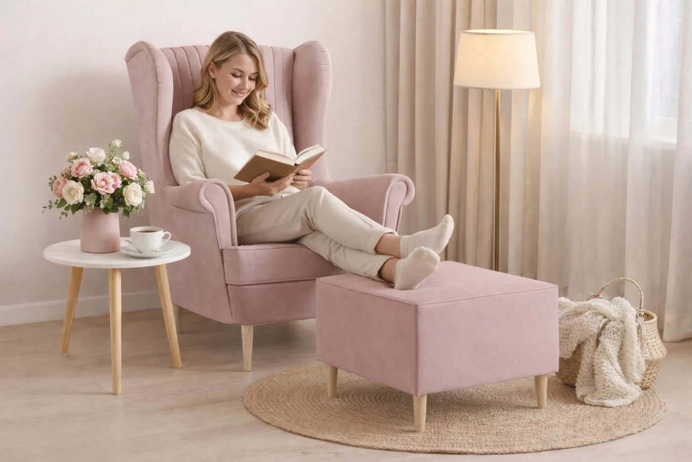 MOEBLO Ohrensessel COMFY Rosa Manila Velours mit optionalem Hocker - Bild 5
