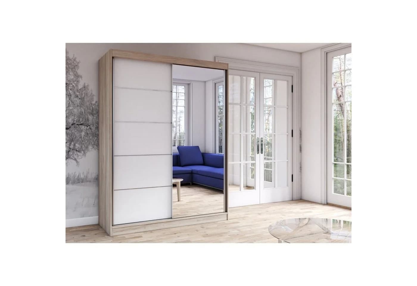 MOEBLO Kleiderschrank LARA 05 Beige mit Spiegel und Schiebetüren