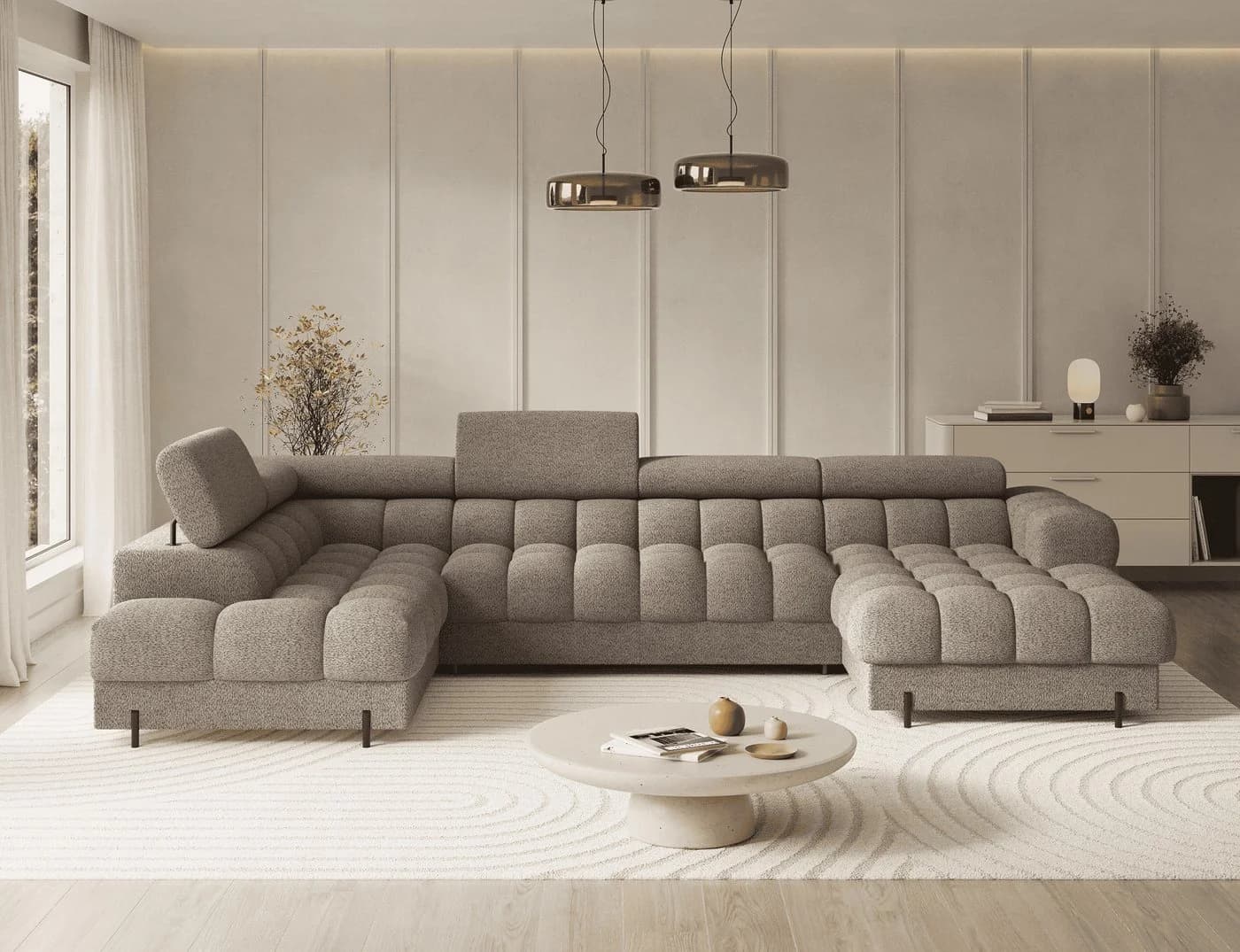 MOEBLO Ecksofa Vinca Beige/Braun mit Schlaffunktion und Stauraum