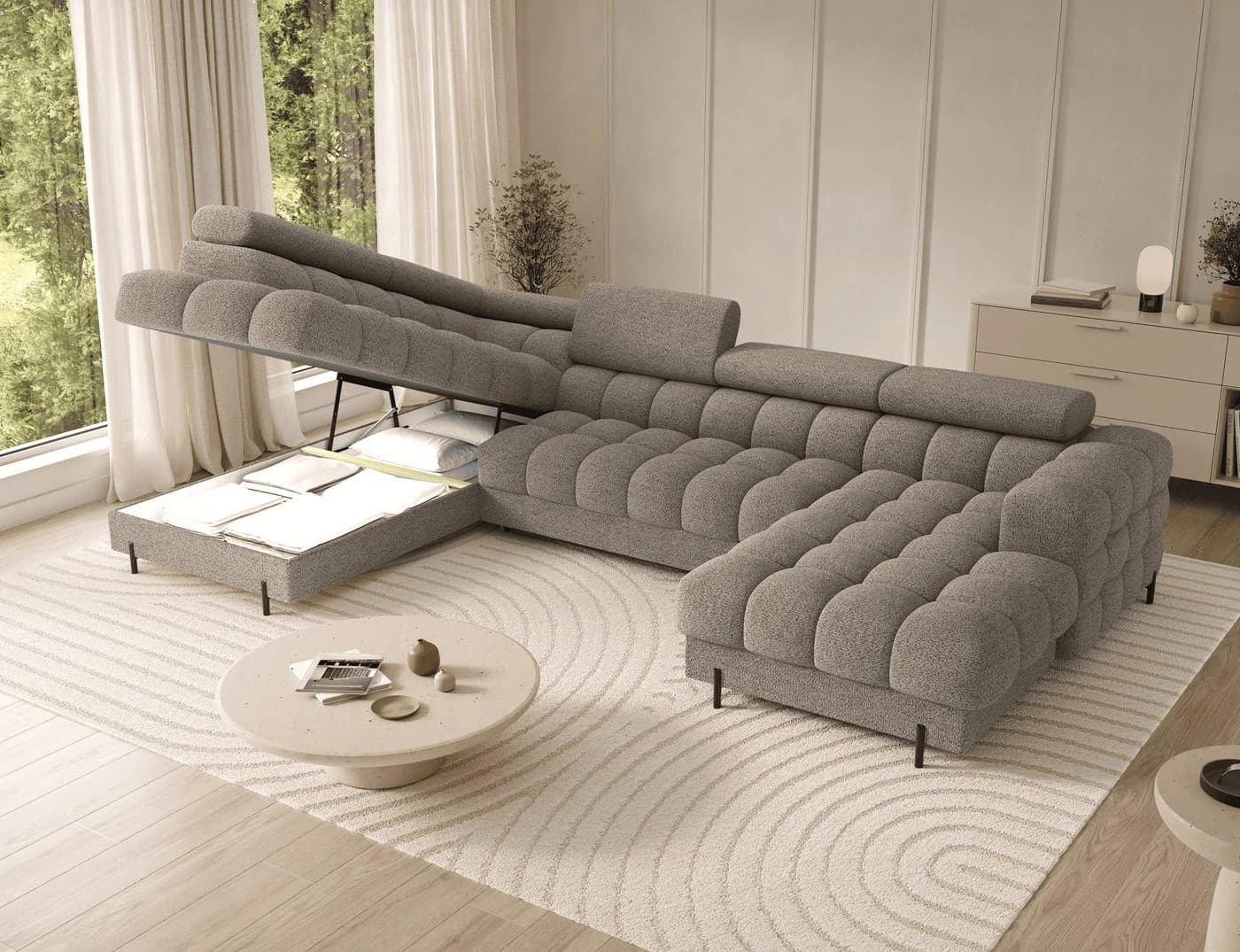 MOEBLO Ecksofa Vinca Beige/Braun mit Schlaffunktion und Stauraum - Bild 4