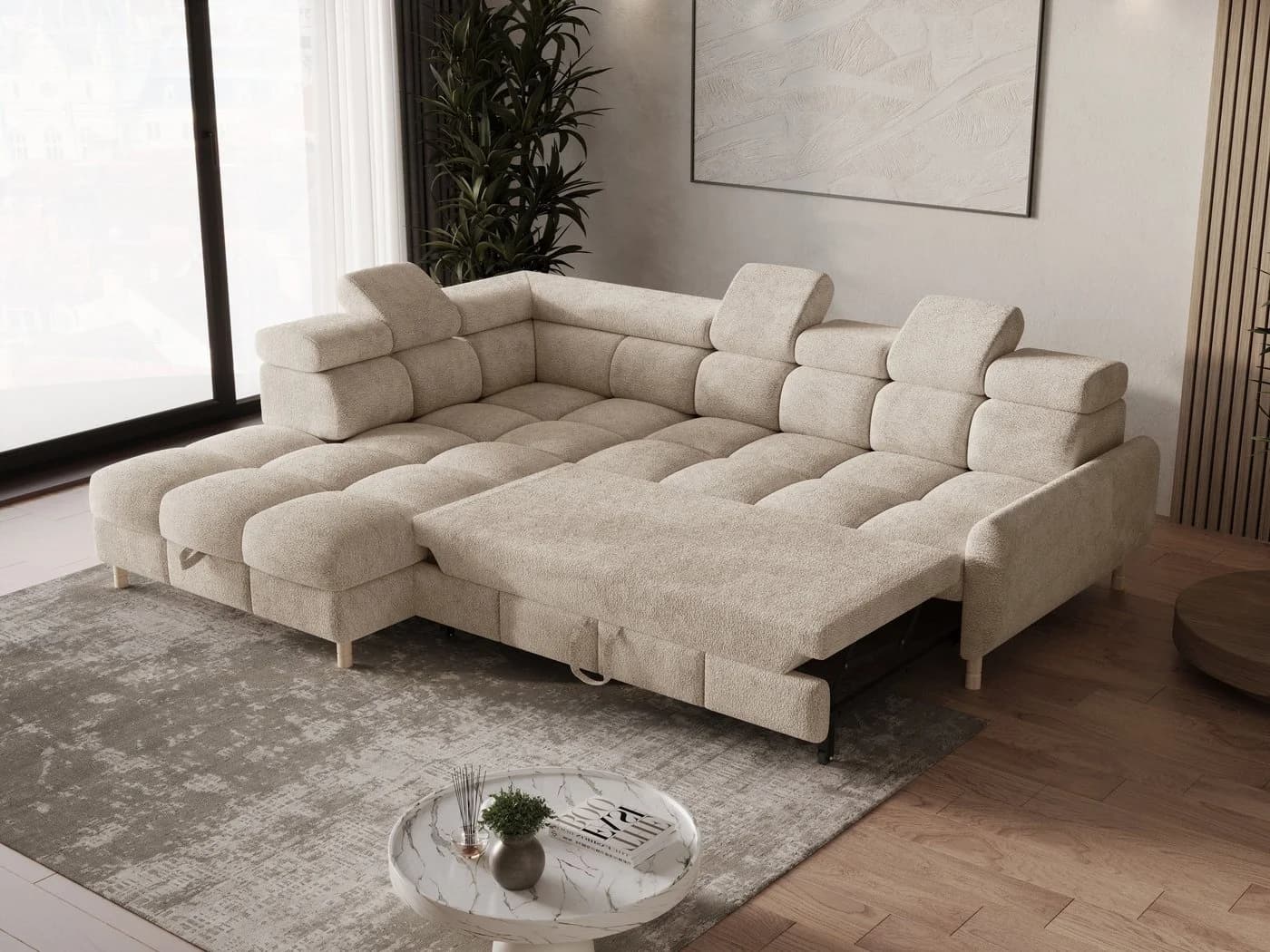 MOEBLO Ecksofa BUN mit Schlaffunktion und Bettkasten Beige Bouclé - Bild 3