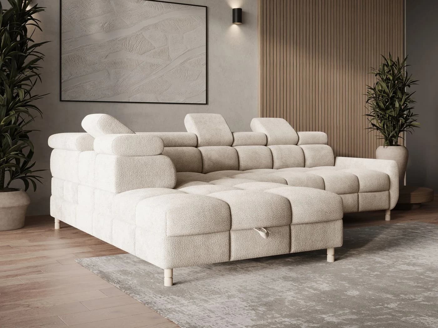 MOEBLO Ecksofa BUN mit Schlaffunktion und Bettkasten Beige Bouclé - Bild 4