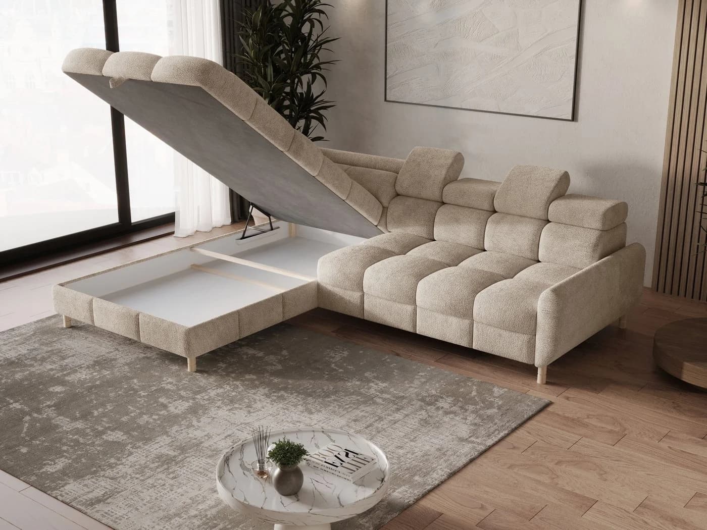 MOEBLO Ecksofa BUN mit Schlaffunktion und Bettkasten Beige Bouclé - Bild 5