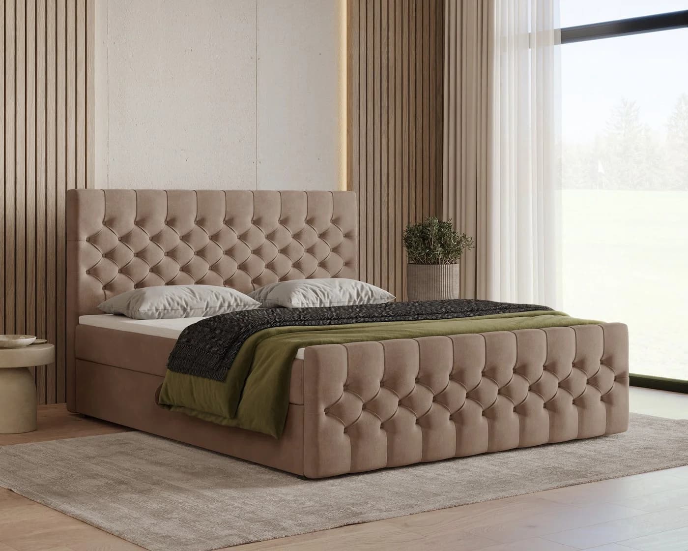 MOEBLO Boxbett 12 Chesterfield Braun Velours mit Bettkasten & Topper - Bild 2