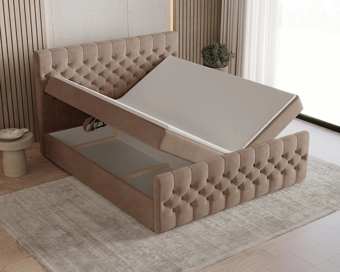 MOEBLO Boxbett 12 Chesterfield Braun Velours mit Bettkasten & Topper - Bild 3