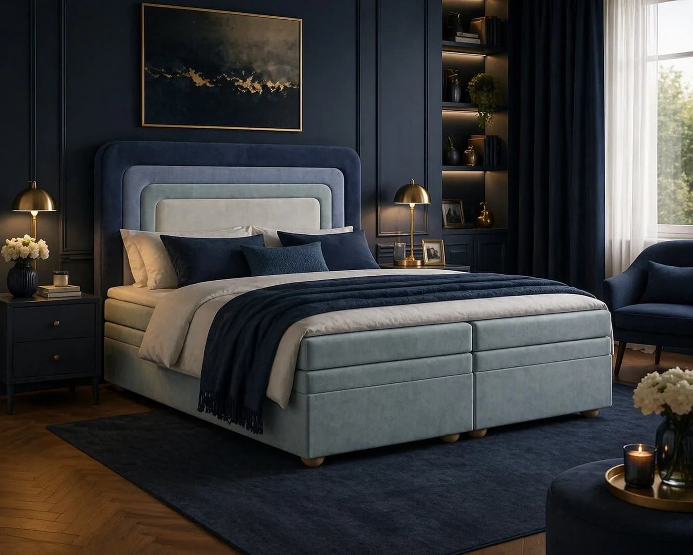 MOEBLO Boxbett NEST Marineblau Samt mit Bettkasten & Topper