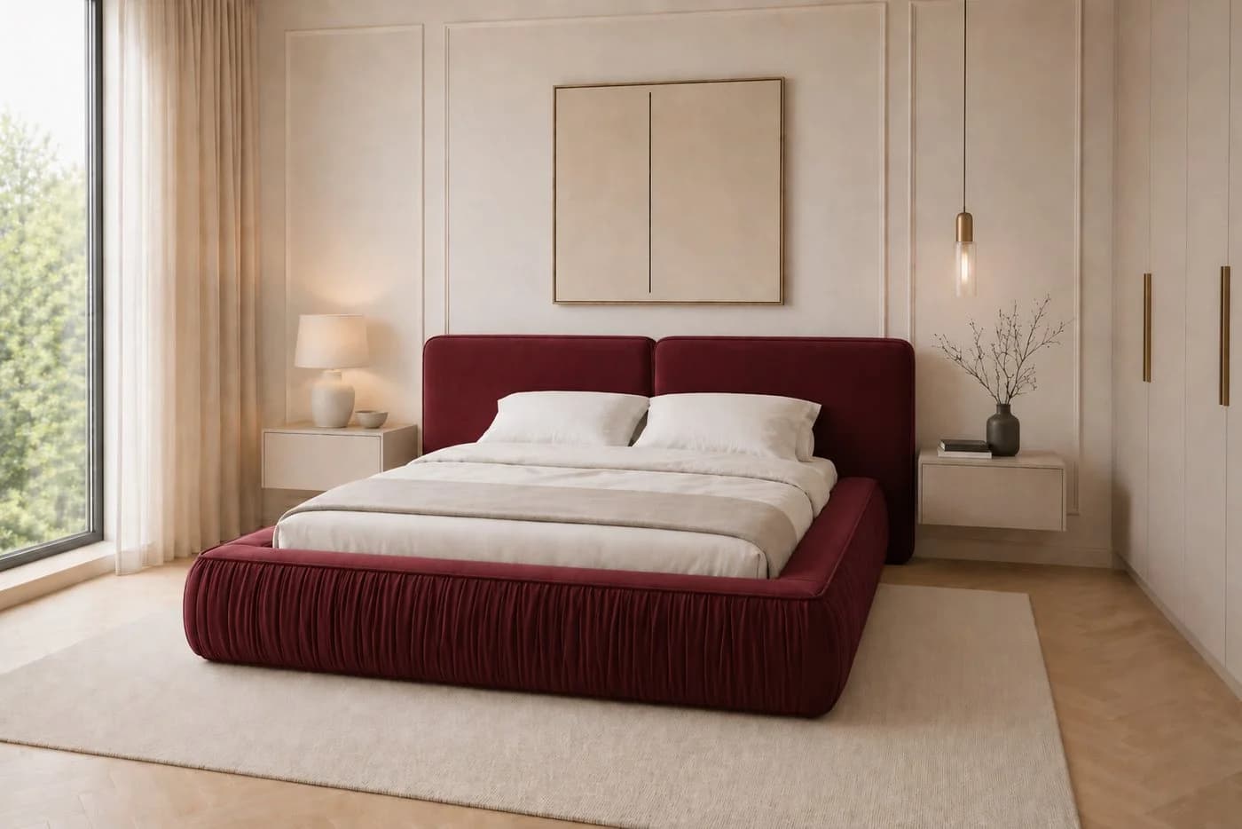 MOEBLO Polsterbett 08 Bordeaux Riviera Velours mit Bettkasten