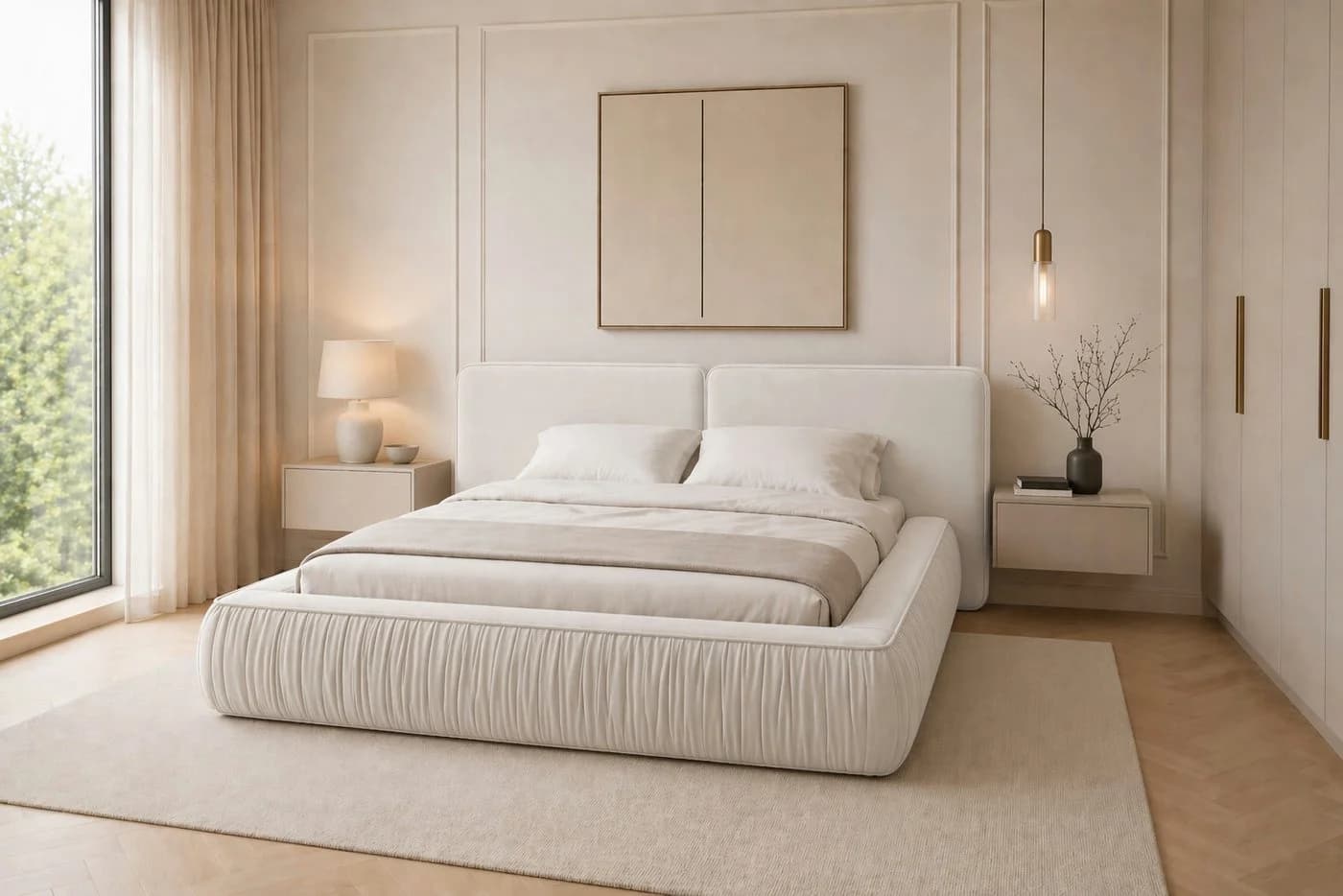 MOEBLO Polsterbett 08 Beige Samt mit Bettkasten und gepolstertem Kopfteil