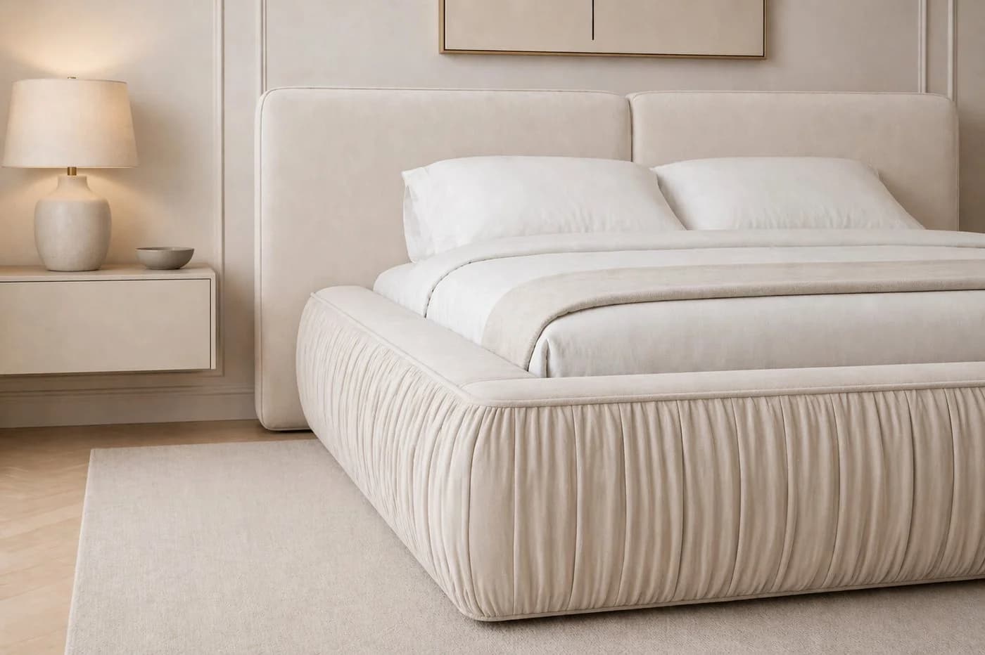 MOEBLO Polsterbett 08 Beige Samt mit Bettkasten und gepolstertem Kopfteil - Bild 3
