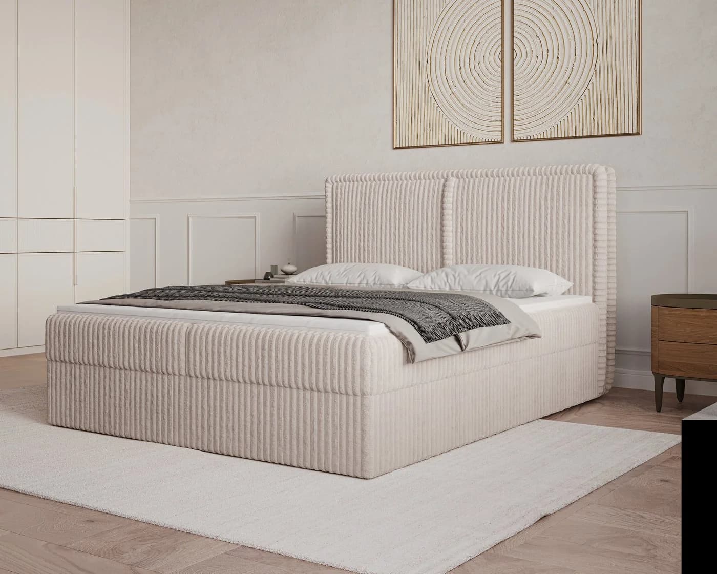 MOEBLO Boxbett BETT 04 Cord Beige mit Bettkasten und Topper