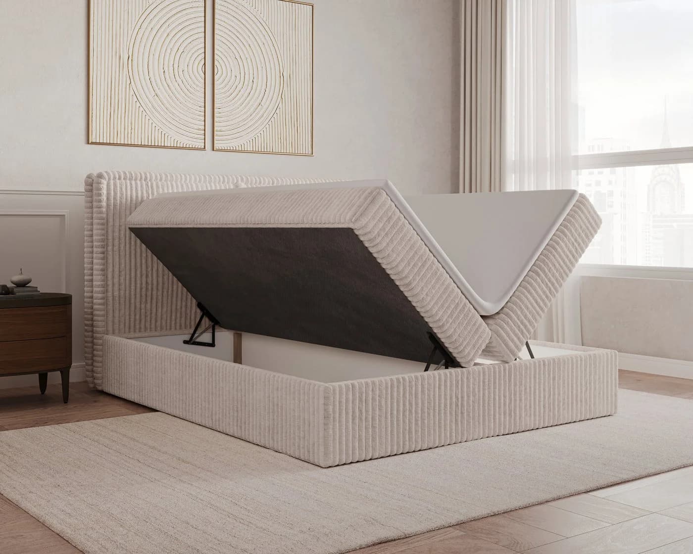 MOEBLO Boxbett BETT 04 Cord Beige mit Bettkasten und Topper - Bild 3