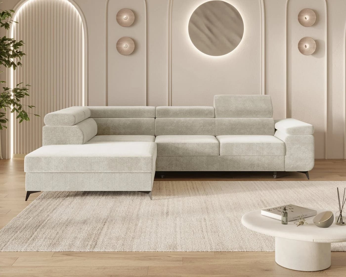 MOEBLO Ecksofa OSTIN 290 cm mit Schlaffunktion und Bettkasten Beige