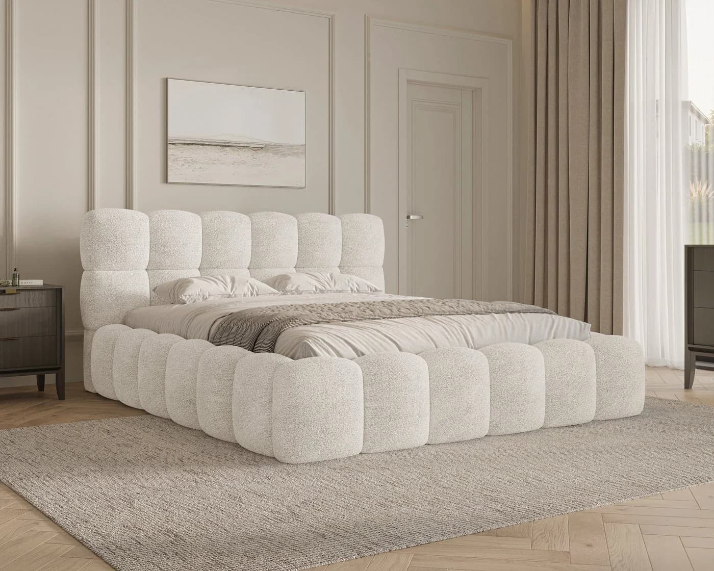 MOEBLO Polsterbett Bubble Bouclé Beige mit Bettkasten