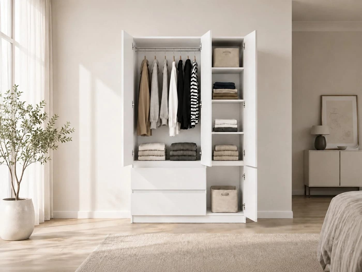 MOEBLO Kleiderschrank LOSKO 4D2S Weiß 4 Türen 2 Schubladen grifflos
