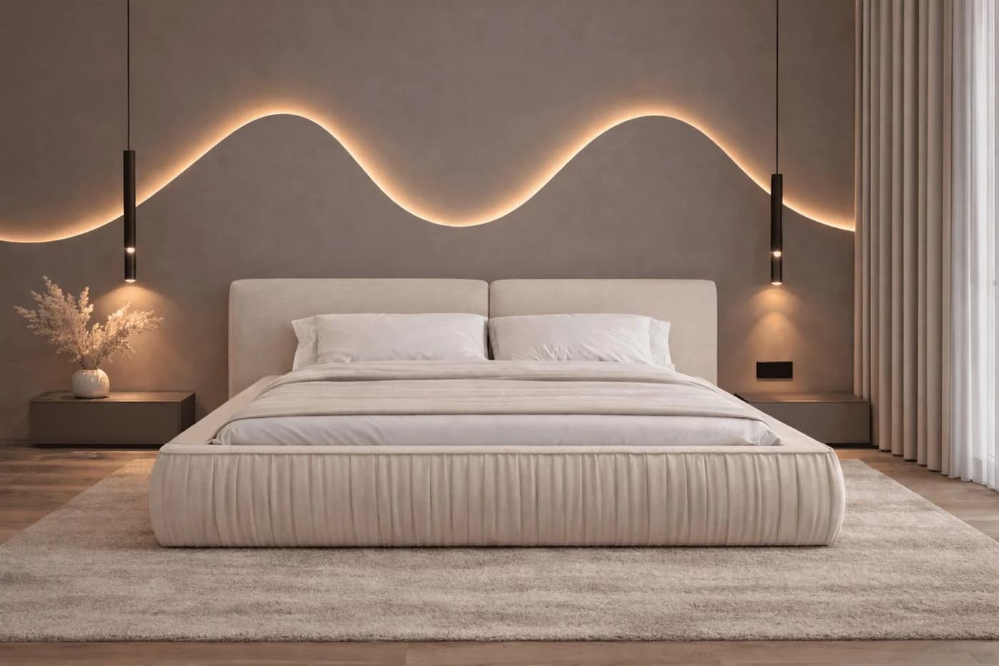 MOEBLO Polsterbett Bett 08 Samt Beige Stauraum