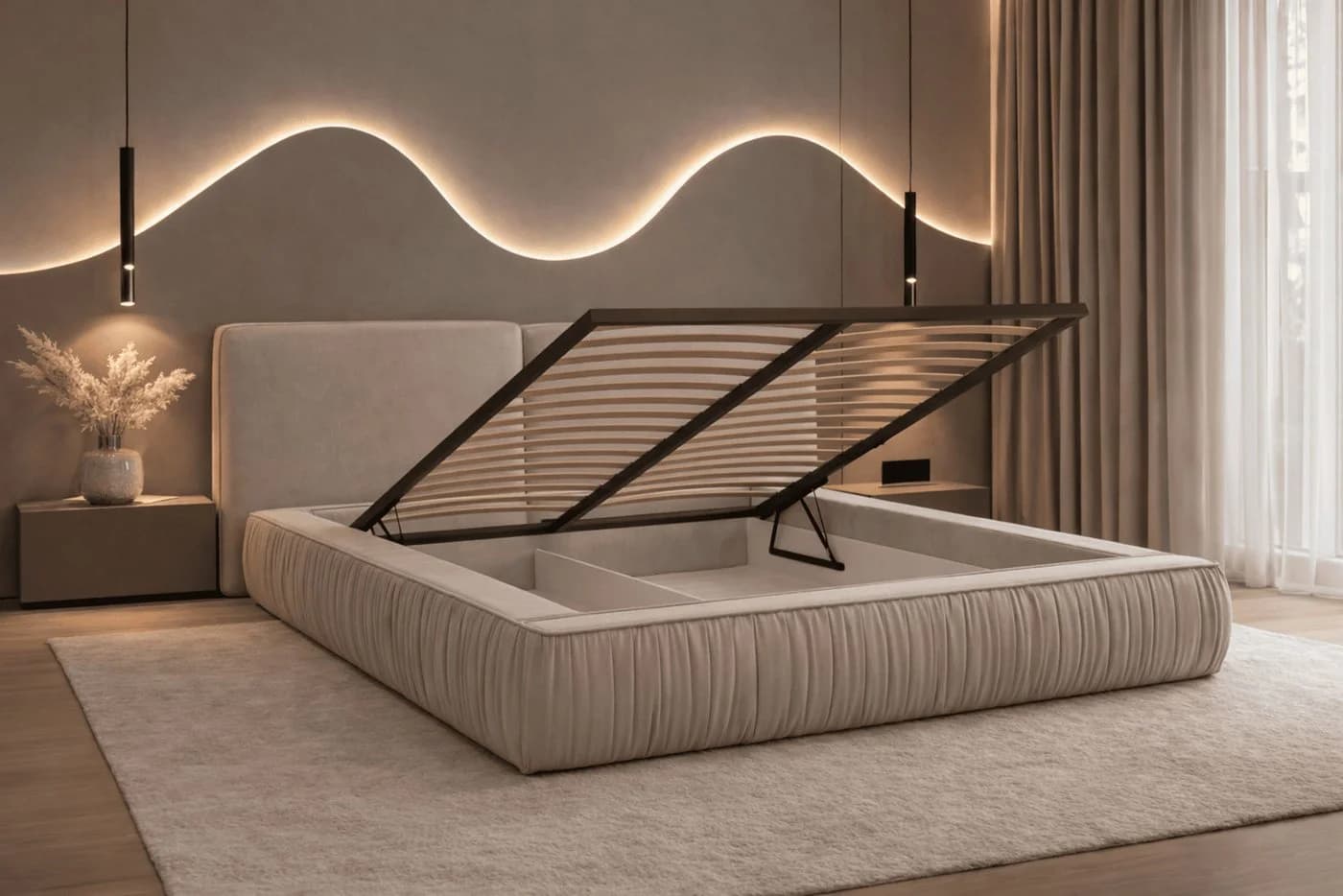 MOEBLO Polsterbett Bett 08 Samt Beige Stauraum - Bild 4