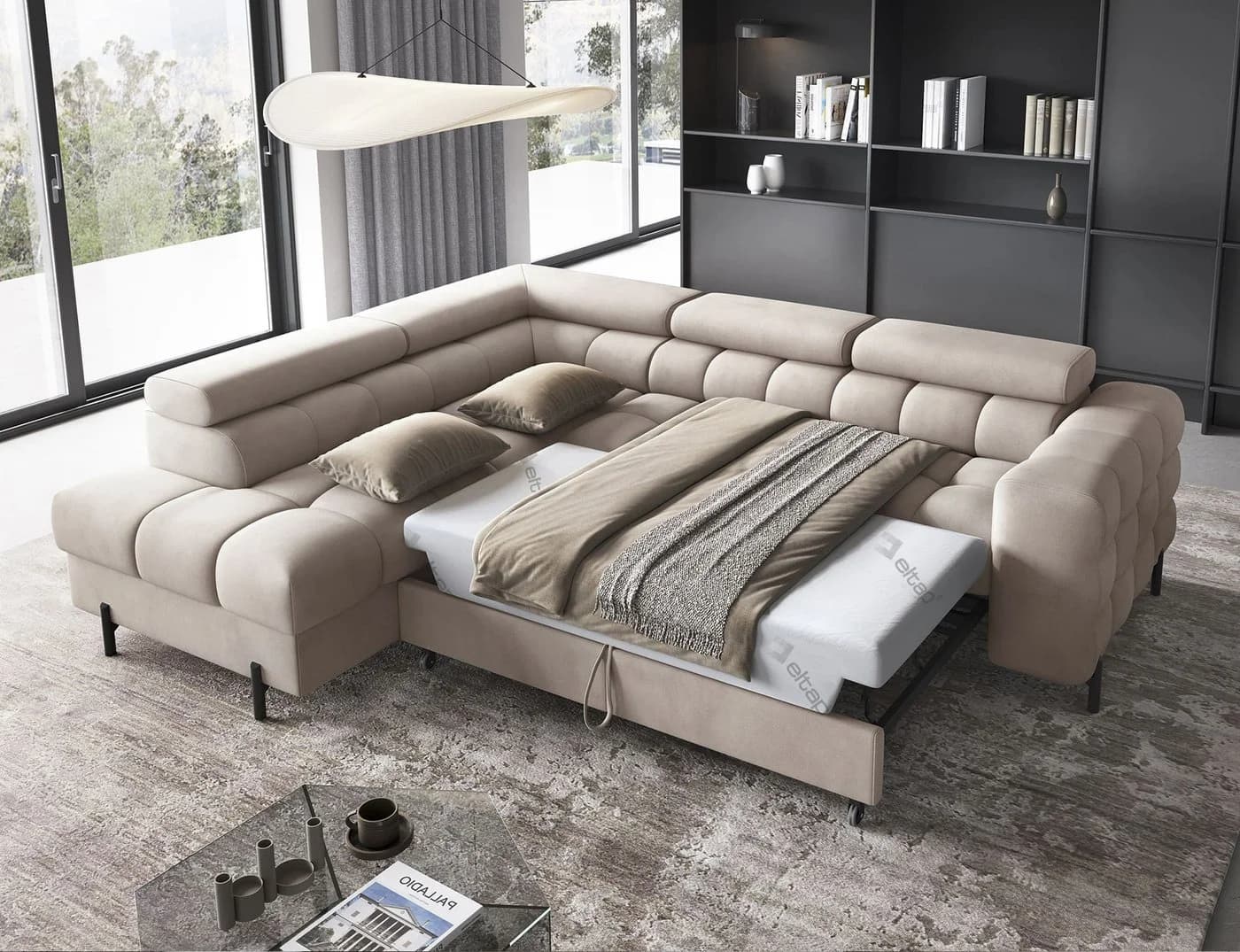 MOEBLO Ecksofa Ferrucio Beige mit Schlaffunktion und Bettkasten - Bild 4