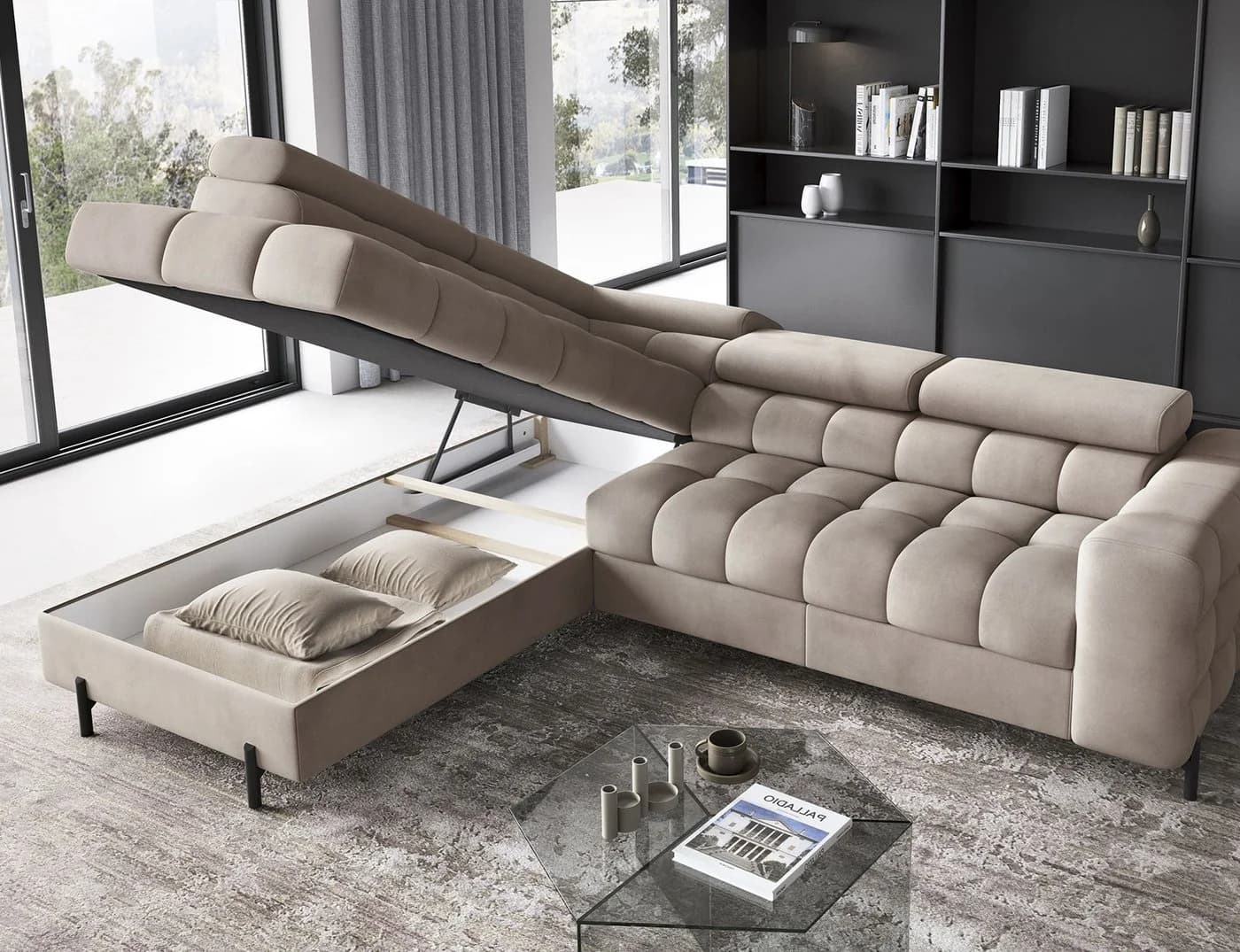 MOEBLO Ecksofa Ferrucio Beige mit Schlaffunktion und Bettkasten - Bild 5